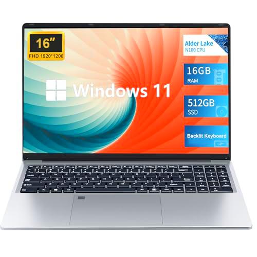KUMNOSAL Ordenador Portátil 16", PC Portátil Alder Lake-N100,16GB RAM 512GB SSD Laptop Windows 11 Pro