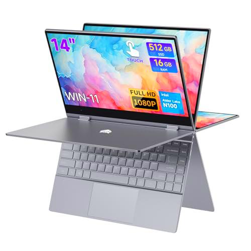 BMAX Ordenador Portátil 2 en 1 de 14", Laptop con Pantalla Táctil Intel N100 16GB RAM