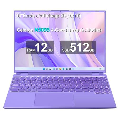NOTODD - Ordenador portátil de 16 pulgadas, 4 núcleos Celeron N5095 (hasta 2,9 GHz) 12+512GB SSD Soporte de extensión 1TB,PC portátil Gamer Win11 con 5G WiFi 1920x1200 BT4.2 AZERTY teclado