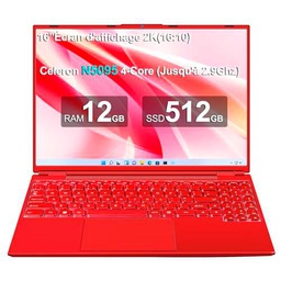 NOTODD - Ordenador portátil de 16 pulgadas, 4 núcleos Celeron N5095 (hasta 2,9 GHz) 12+512GB SSD Soporte de extensión 1TB,PC portátil Win11 con 5G WiFi 1920x1200 ratón inalámbrico y AZERTY