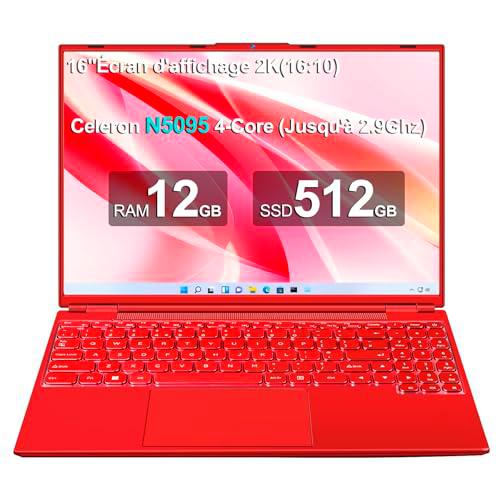 NOTODD - Ordenador portátil de 16 pulgadas, 4 núcleos Celeron N5095 (hasta 2,9 GHz) 12+512GB SSD Soporte de extensión 1TB,PC portátil Win11 con 5G WiFi 1920x1200 ratón inalámbrico y AZERTY