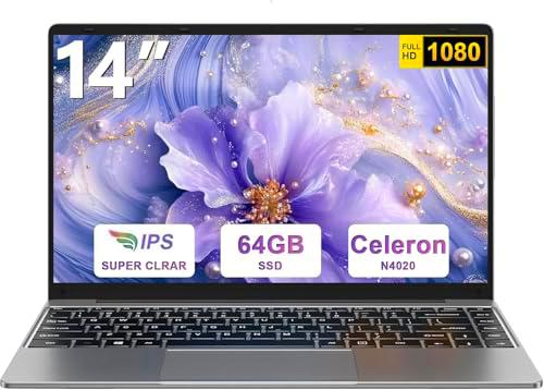 Ordenador portátil Win10 N4020 Up to 2.8Ghz 64GB Admite expansión SSD 1TB 14&quot; Portátiles FHD BT4.2 5G WiFi BT4.2 Mini Puerto Multimedia con ratón inalambrico &amp; Pegatinas Teclado Español-Gris-FXJ