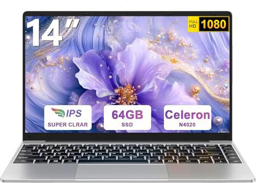 Ordenador portátil Win10 N4020 Up to 2.8Ghz 64GB Admite expansión SSD 1TB 14" Portátiles FHD BT4.2 5G WiFi BT4.2 Mini Puerto Multimedia con ratón inalambrico &amp; Pegatinas Teclado Español-Plata-FXJ