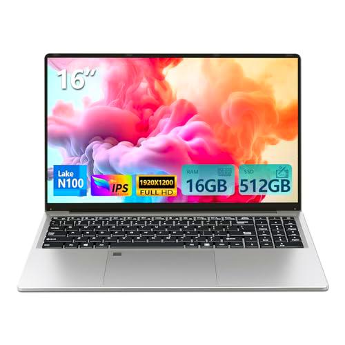 16 Pulgadas Ordenador Portátil 16GB RAM 512GB SSD Celeron N100 (hasta 3,4 GHz) Procesador FHD Teclado Retroiluminado Desbloqueo por Huella Dactilar WiFi/BT Win 11 Pro PC Portátil Estudiantes y Oficina