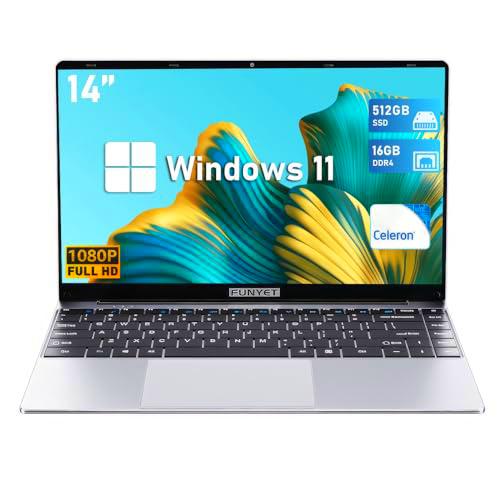 FUNYET Ordenador Portátil 14 Pulgadas LPDDR4 16GB RAM 512GB SSD Win 11 Portátil Celeron N5095 hasta 2,9 GHz Expansión TF 1TB 1920x1080 FHD Laptop 5G WiFi BT 5.0 USB 3.0 Mini-HD 180º Plegable