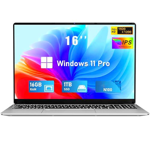 FUNYET Ordenador Portátil 16 Pulgadas Celeron N100 Quad-Core hasta 3.4GHz Laptop 16GB RAM 1TB SSD Win 11 FHD 1920x1200 USB 3.0 BT 5.0 WiFi 5 HDMI Teclado Retroiluminado Mini Puerto Multimedia