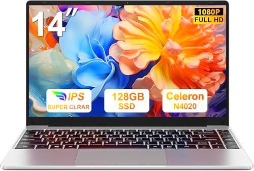 Ordenador portátil Win11 N4020 Up to 2.8Ghz 128GB Admite expansión SSD 1TB 14" Portátiles FHD BT4.2 5G WiFi BT4.2 Mini Puerto Multimedia con ratón inalambrico &amp; Pegatinas Teclado Español-Plata-B