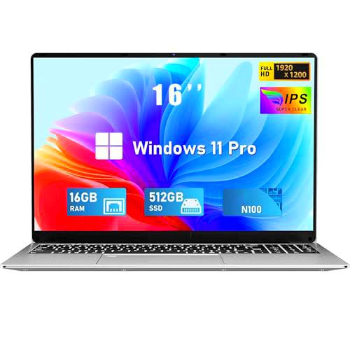 FUNYET Ordenador Portátil 16 Pulgadas Celeron N100 Quad-Core hasta 3.4GHz Laptop 16GB RAM 512GB SSD Win 11 FHD 1920x1200 USB 3.0 BT 5.0 WiFi 5 HDMI Teclado Retroiluminado Mini Puerto Multimedia