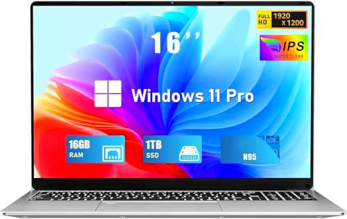 2025 Ordenador Portátil 16 Pulgadas 16GB RAM 1 TB M.2 SSD Expansión 1TB Portátil 4 Cores Celeron N95 hasta 3.4 GHz Win 11 Pro Laptop FHD 1920x1200 USB 3.0 BT 5.0 WIFI 5 Mini-HD Teclado Retroiluminado