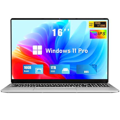 FUNYET 2025 Ordenador Portátil 16 Pulgadas 16GB RAM 1 TB M.2 SSD Expansión 1TB Portátil 4 Cores Celeron N95 hasta 3.4 GHz Win 11 Laptop FHD1920x1200 USB 3.0 BT 5.0 WiFi 5 HDMI Teclado Retroiluminado
