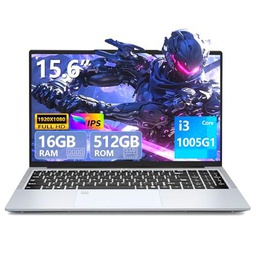 Ordenador Portátil 15,6 Pulgadas Core i3-1005G1 Procesador 16 GB RAM DDR4 512 GB SSD Win 11 PC Portátil Teclado Digital Retroiluminado Desbloqueo Huella Dactilar Mini-HDMI Tipo C Batería 6000mAh/46Wh