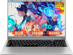 Ordenador Portátil 15,6 Pulgadas Celeron N5095 2,9 GHz Win11 Pro 8GB 256GB SSD Expansión 1TB 5G WiFi 1920x1080 FHD BT4.2 HDMl USB 3.0 Portatil con Ratón Inalámbrico y Teclado Español Membrana