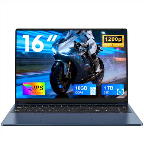 FUNYET Nuevo Ordenador Portátil 16 Pulgadas 16GB RAM 1TB SSD Expansión 1TB Portátil 4 Cores Celeron N150 hasta 3.6 GHz Win 11 Laptop FHD 1920x1200 USB3.0 BT5.0 WiFi5 HDMI Teclado Retroiluminado-Azul