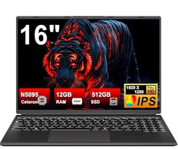 NOTODD - Ordenador portátil de 16 pulgadas, 4 núcleos Celeron N5095 (hasta 2,9 GHz) 12+512GB SSD Soporte de extensión 1TB,PC portátil Gamer Win11 con 5G WiFi 1920x1200 BT4.2 AZERTY teclado