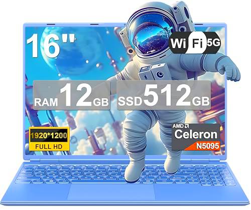 NOTODD - Ordenador portátil de 16 pulgadas, 4 núcleos Win11 Celeron N5095 (hasta 2,9 GHz) 12+512GB SSD Soporte extensión 1TB,PC portátil con 5G WiFi 1920x1200 BT4.2 Ratón inalámbrico y teclado AZERTY