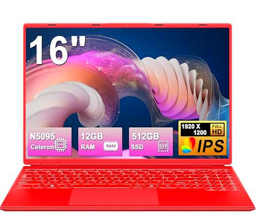 NOTODD - Ordenador portátil de 16 pulgadas, 4 núcleos Celeron N5095 (hasta 2,9 GHz) 12+512GB SSD Soporte de extensión 1TB,PC portátil Gamer Win11 con 5G WiFi 1920x1200 BT4.2 AZERTY teclado cubierta