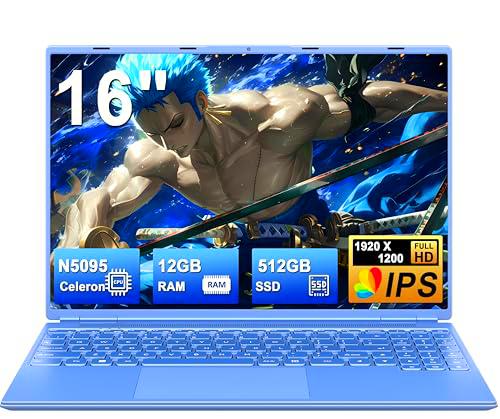 NOTODD - Ordenador portátil de 16 pulgadas, 4 núcleos Celeron N5095 (hasta 2,9 GHz) 12+512GB SSD Soporte de extensión 1TB,PC portátil Gamer Win11 con 5G WiFi 1920x1200 BT4.2 AZERTY teclado cubierta de