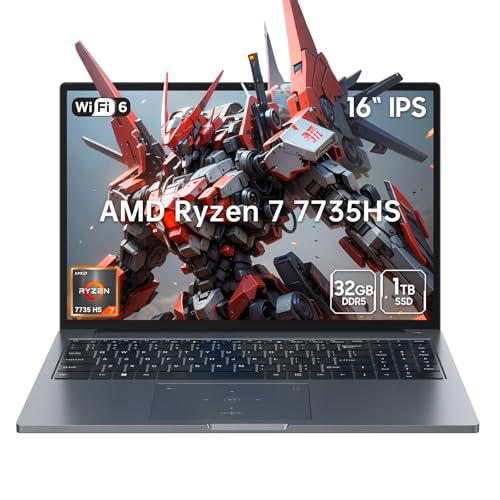 Blackview 2025 16" Ordenador Portátil Gaming,Ryzen 7 7735HS(Mejor 7430u/5700u/I7-11800H) hasta 4,8 GHz,FHD,32 GB RAM DDR5 4800 MHz 1 TB SSD,Teclado Retroiluminado,WiFi-6,BT 5.2,Windows 11 Pro