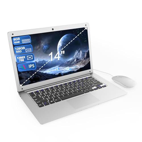 Ordenador portátil 14 pulgadas 6 GB RAM, 128 GB SSD Celeron Procesador Dual Core Portátil PC 1366*768 IPS Laptop PC Inalámbrico WiFi&amp; Bluetooth 4.2 HDMI*1 USB3.0*2 4000mAh Batería incluida Membrana