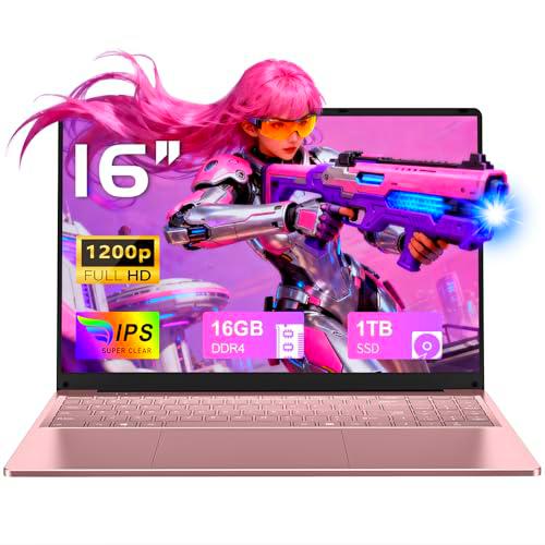 FUNYET 2025 Ordenador Portátil 16 Pulgadas 16GB RAM 1TB SSD Expansión 1TB Portátil 4 Cores Celeron N150 hasta 3.6 GHz Win11 Laptop FHD 1920x1200 USB3.0 BT5.0 WiFi5 HDMI Teclado Retroiluminado-Rosa