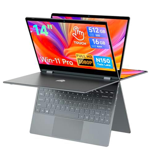 BMAX Ordenador Portátil 2 en 1 Intel N150 CPU PC Portatil 16GB RAM 512GB SSD Laptop Pantalla Táctil Win 11 Teclado Retroiluminado Giro de 360º BT5.0