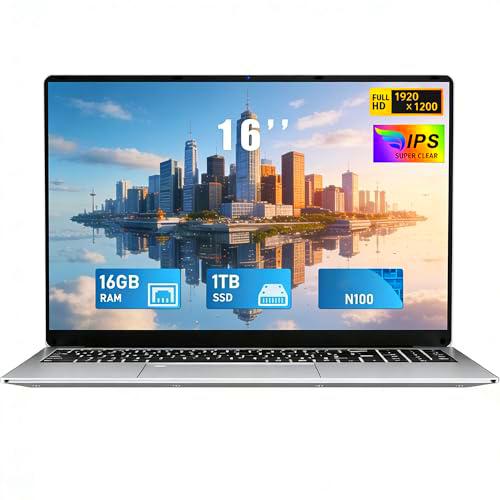 FUNYET 2025 Ordenador Portátil 16 Pulgadas Celeron N100 Quad-Core hasta 3.4GHz Laptop 16GB RAM 1TB SSD Win 11 FHD 1920x1200 USB 3.0 BT 5.0 WiFi 5 HDMI Teclado Retroiluminado Convertible