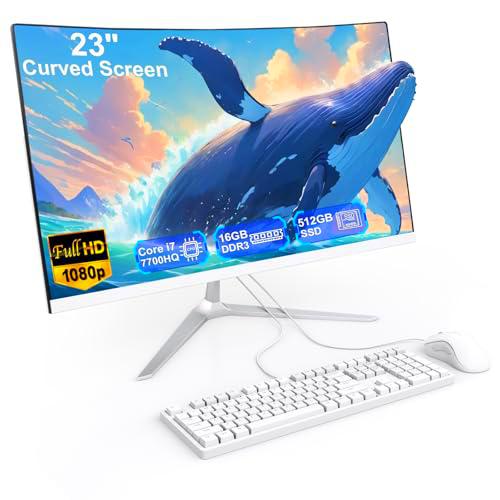 SUKOTOP 23,8 Pouces Ordinateur Tout-en-Un Ordinateur de Bureau de écran courbé Core i7 7700HQ (jusqu'à 3,8 GHz) 16 Go RAM 512 Go SSD Dual Band WiFi Bluetooth 5.0 Complet Avec Clavier et Souris câblé