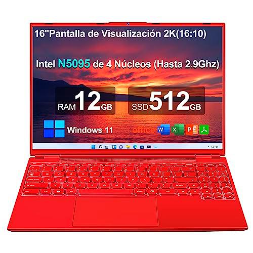 Aocwei 16&quot; Ordenador portátil 12+512GB CPU más reciente N5095 (hasta 2.9Ghz) 4-Core Windows 11 PC con ventilador de refrigeración 1920*1200 2K Pantalla Dual WIFI Support 2.5&quot; HDD 1TB SSD Expand-Rojo