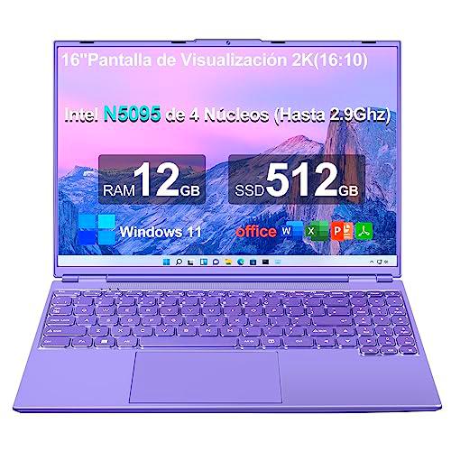 Aocwei 16" Ordenador portátil 12+512GB CPU más Reciente N5095 (hasta 2.9Ghz) 4-Core Windows 11 PC con Ventilador de refrigeración 1920 * 1200 2K Pantalla Dual WiFi 2.5" HDD 1TB SSD Expand-Morado
