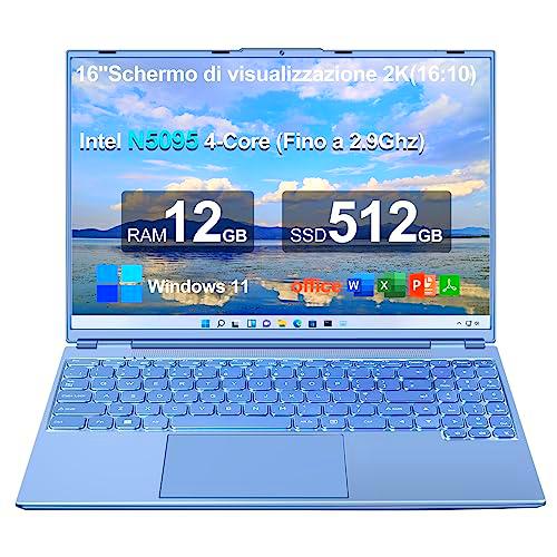 AOCWEI 16&quot; PC portátil 12+512GB nueva CPU N5095 (hasta 2.9Ghz) 4-Core Windows 11 Laptop con ventilador de refrigeración 1920 x 1200 2K pantalla doble soporte WIFI 2.5&quot; HDD 1TB SSD expansión azul
