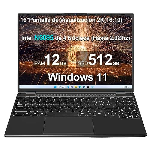 Aocwei 16&quot; Ordenador portátil 12+512GB N5095 (hasta 2.9Ghz) 4-Core Windows 11 PC con Ventilador de refrigeración 1920 * 1200 2K Pantalla Dual WiFi Support 2.5&quot; HDD 1TB SSD Expand-Negro