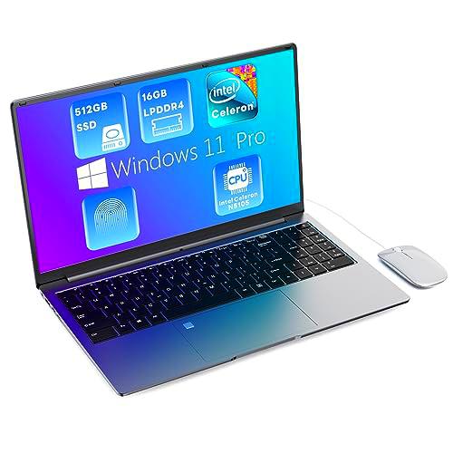 Ordenador Windows 11 Pro PC Portátil 16GB RAM LPDDR4 512GB SSD 15,6 Pulgadas UHD Intel Celeron N5105 Procesador Computer con WiFi5 Bluetooth 4.0 Touch ID Tipo C USB 3.0 (película de teclado incluida)