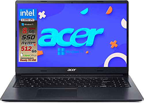 Acer Intel N4120 4 Core Laptop Notebook PC 8GB RAM 512GB 15.6&quot; FullHD NVME SSD 3 USB Wi-Fi HDMI BT LAN Win 11 Pro Libre Office Listo para Usar Gar Italia