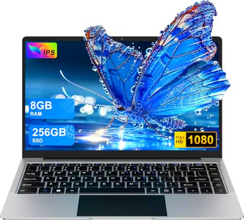 Ordenador Portátil 14" Win11 8GB 256GB SSD Soporte 1TB SSD Expansión portatil 2.4G+5G WiFi Bluetooth 4.2 USB HDMI 1920x1080 FHD con Ratón Inalámbrico y Teclado Español Membrana
