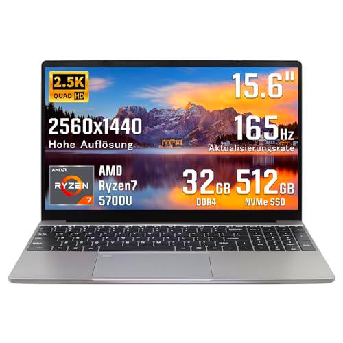 UDKED Ordenador portátil 15,6" 2,5K LCD 2560 x 1440 / frecuencia de actualización 165 Hz/carcasa metálica/AMD Ryzen7 5700U NvMe SSD/8 núcleos y 16 hilos / 16 G DDR4 /6000 mAh/1,8 GHz ~ 4,3 GHz (gris,