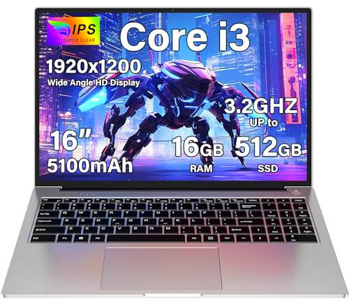 Ordenador Portátil 16 Pulgadas Win11 16+512GB SSD Soporte 1TB SSD Expansión Portátil gaming Core i3 (hasta 3,2 GHz) 2.4G+5G WiFi Bluetooth 