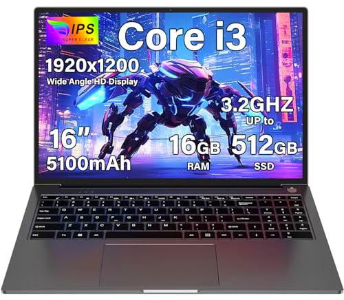 Ordenador Portátil 16 Pulgadas Win11 16+512GB SSD Soporte 1TB SSD Expansión Portátil gaming Core i3 (hasta 3,2 GHz) 2.4G+5G WiFi Bluetooth 4.2 Type-C USB HDMI Pantalla ultra HD 1920x1200 FHD 2K- Gray