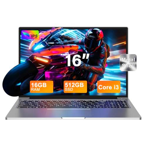 Ordenador Portátil 16 Pulgadas Win11 16+512GB SSD Soporte 1TB SSD Expansión Portátil gaming Core i3 (hasta 3,2 GHz) 2.4G+5G WiFi Bluetooth 